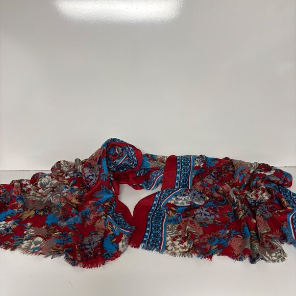 Red Blue Floral Scarf Fringed Ends Wrap Shawl Cover Up Versatile Styling - Picture 7 of 9